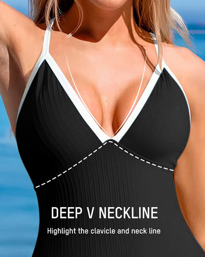 Ribbed Deep V Crossback One-Piece Swimsuit
