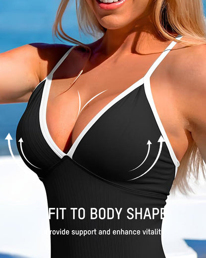 Ribbed Deep V Crossback One-Piece Swimsuit