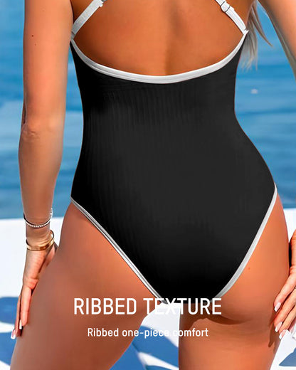Ribbed Deep V Crossback One-Piece Swimsuit