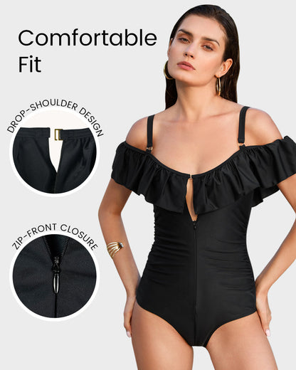 Drop-Shoulder Ruffled Shapewear Swimsuit