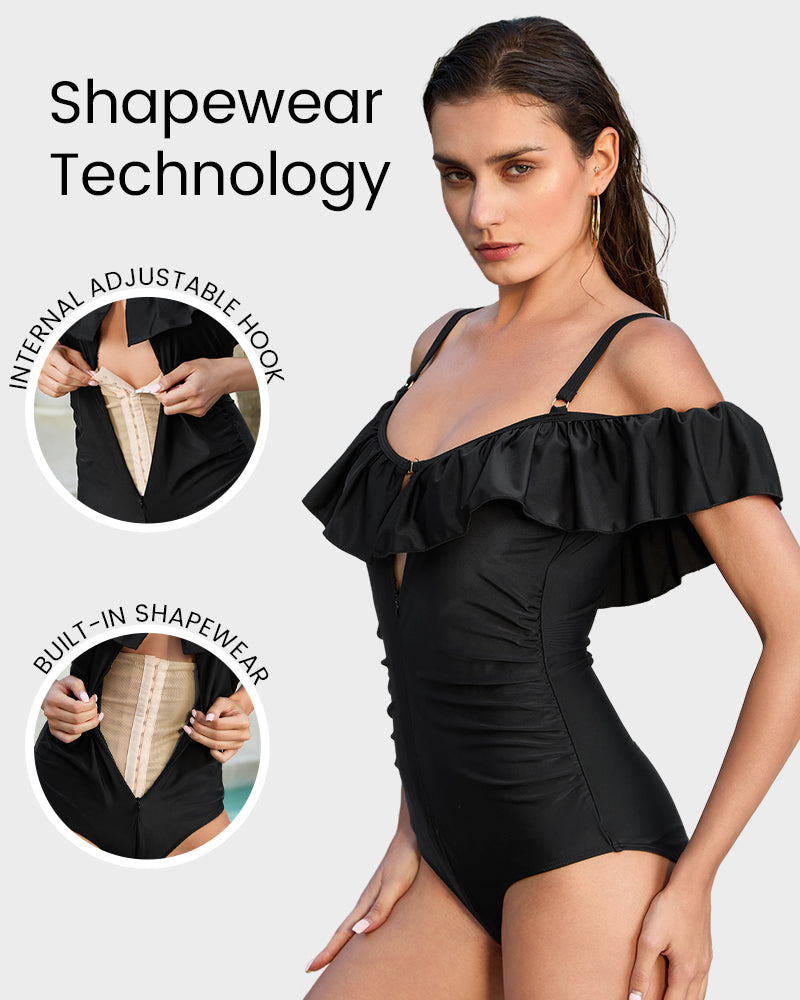 Drop-Shoulder Ruffled Shapewear Swimsuit