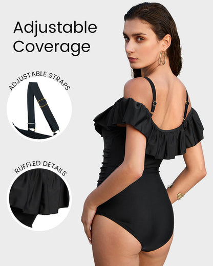 Drop-Shoulder Ruffled Shapewear Swimsuit