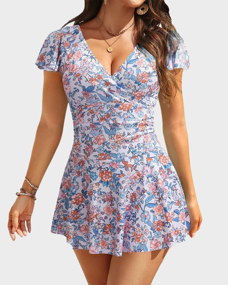 Flattering Ruffle Sleeve V-Neck Swimdress