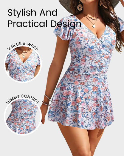 Flattering Ruffle Sleeve V-Neck Swimdress