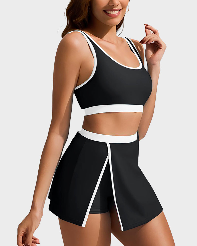 Sporty Color Block Skirted Bikini Set