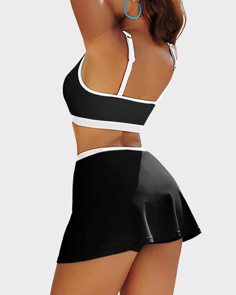 Sporty Color Block Skirted Bikini Set