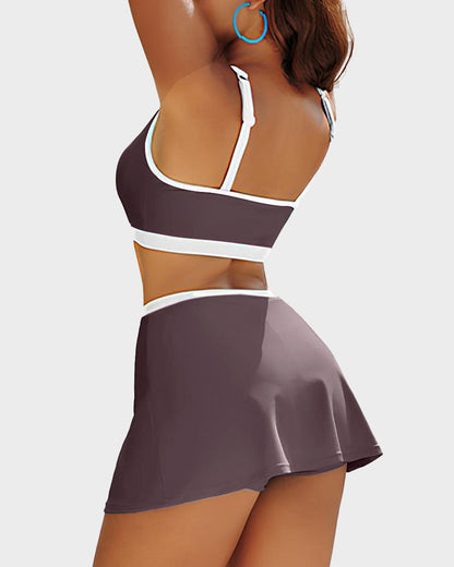 Sporty Color Block Skirted Bikini Set