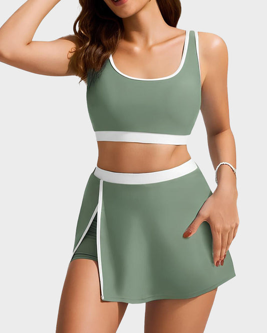 Sporty Color Block Skirted Bikini Set