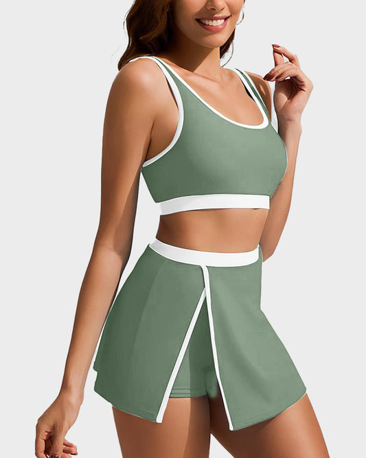 Sporty Color Block Skirted Bikini Set