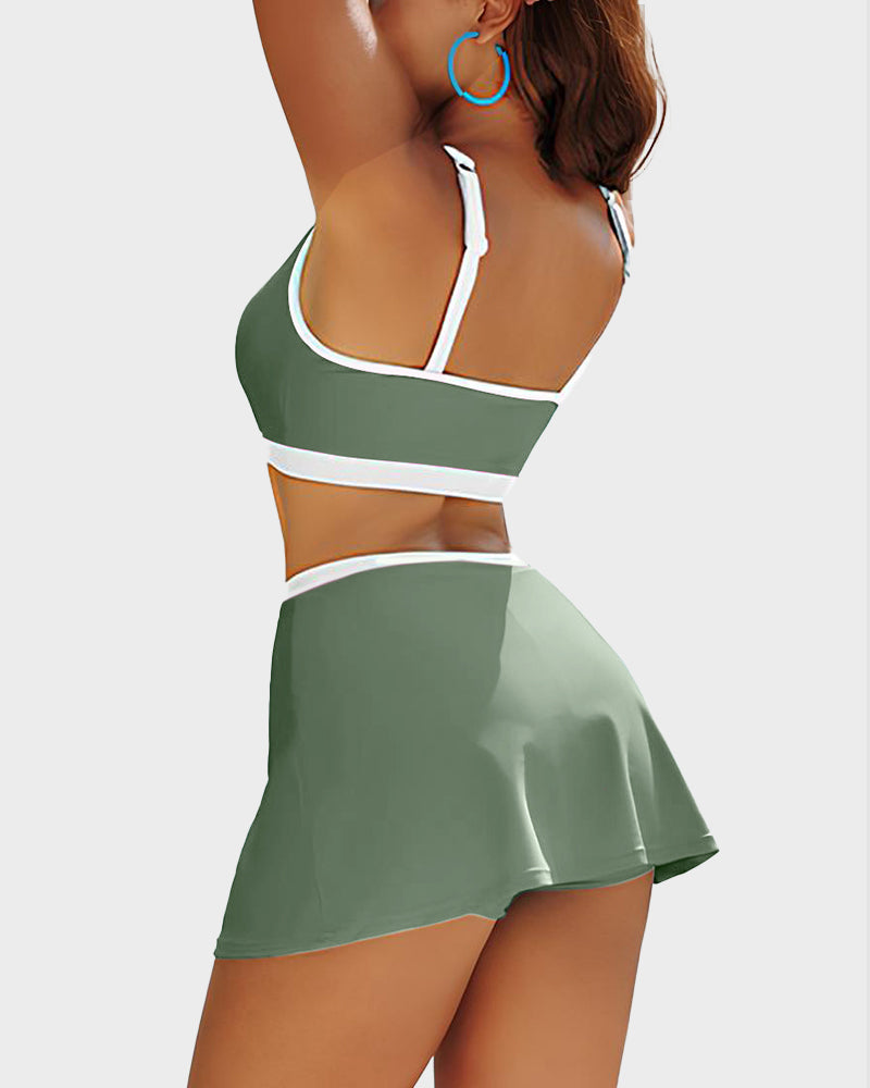Sporty Color Block Skirted Bikini Set