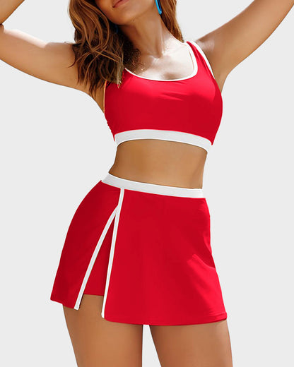 Sporty Color Block Skirted Bikini Set