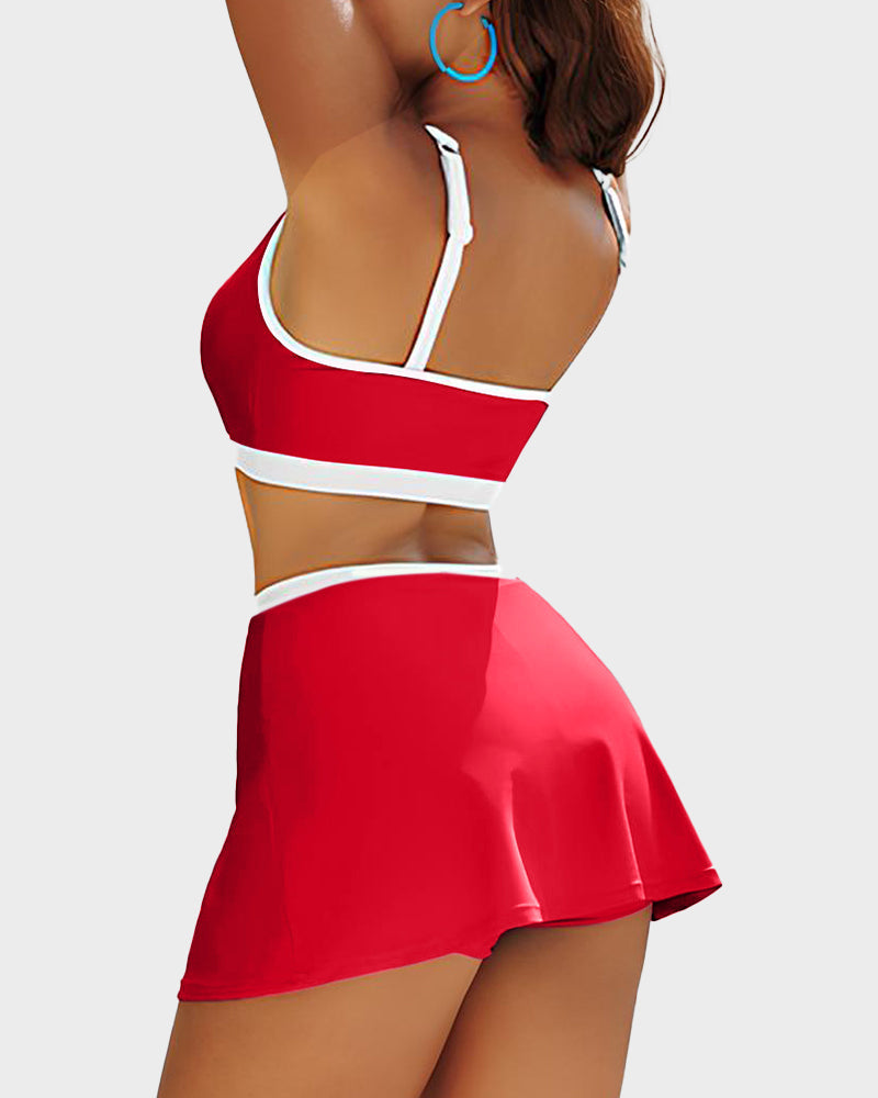 Sporty Color Block Skirted Bikini Set