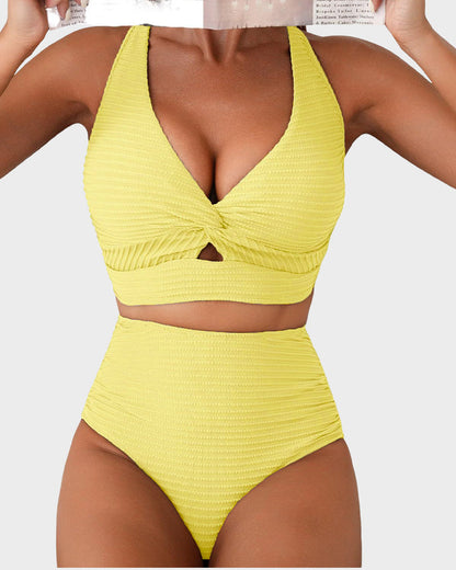 Textured Knot-Front High-Waisted Bikini Set