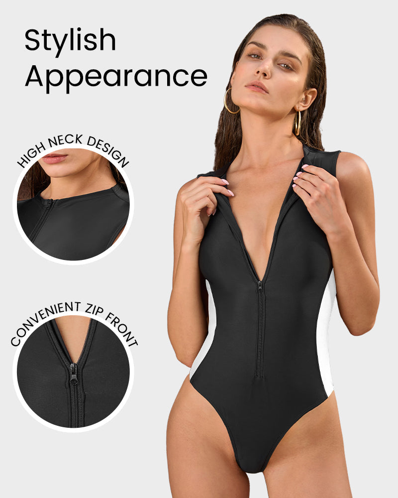 High Neck Zip-Up Sculpting Swimwear