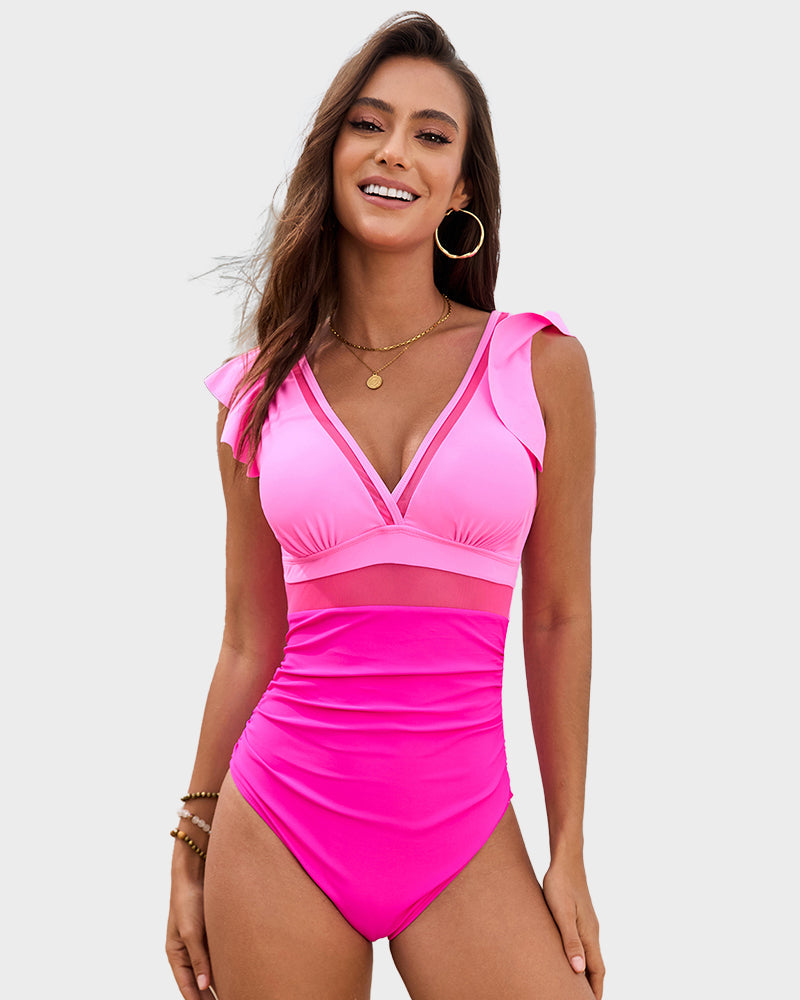 Ruffled Sleeve V-Neck Mesh Ruched Swimsuit