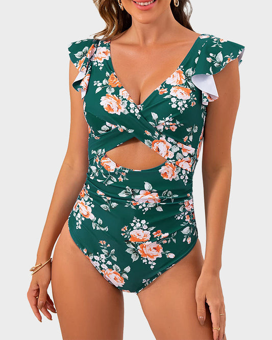Ruffle Sleeve Cut-Out One-Piece Swimsuit