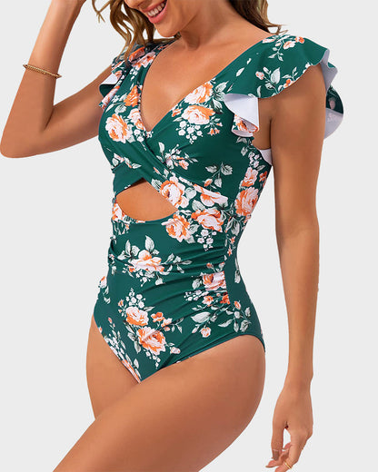 Ruffle Sleeve Cut-Out One-Piece Swimsuit