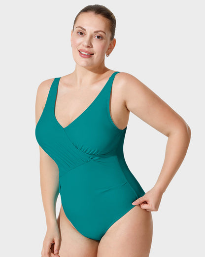 Green Shape Cross-over Shirred One Piece Swimsuit