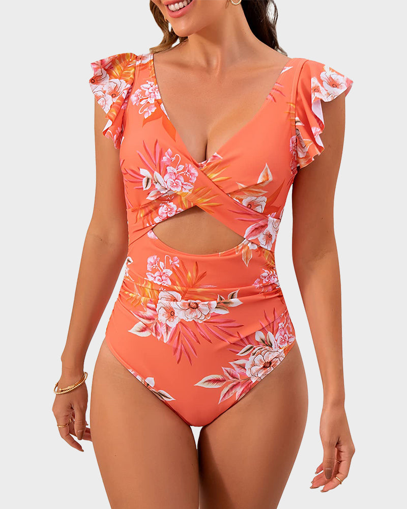 Ruffle Sleeve Cut-Out One-Piece Swimsuit