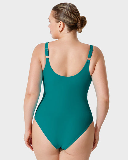 Green Shape Cross-over Shirred One Piece Swimsuit