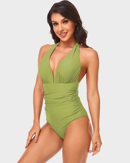Halter Neck Deep V One-Piece Swimsuit