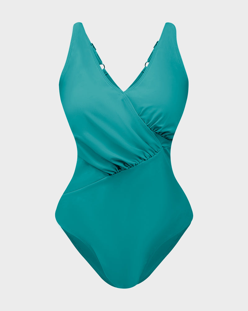 Green Shape Cross-over Shirred One Piece Swimsuit