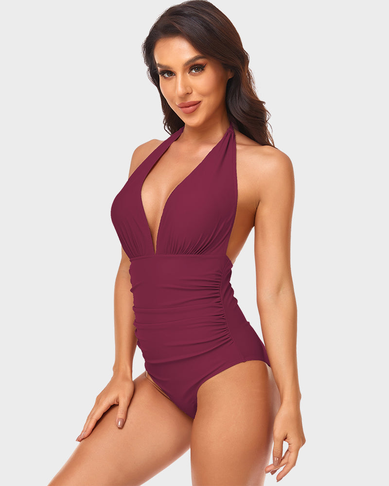 Halter Neck Deep V One-Piece Swimsuit