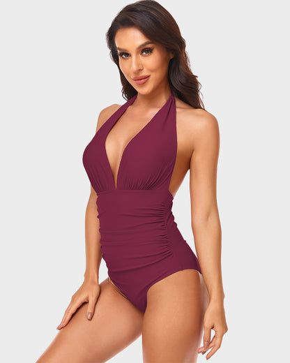 Halter Neck Deep V One-Piece Swimsuit