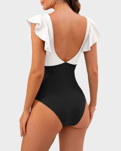Ruffle Sleeve Cut-Out One-Piece Swimsuit