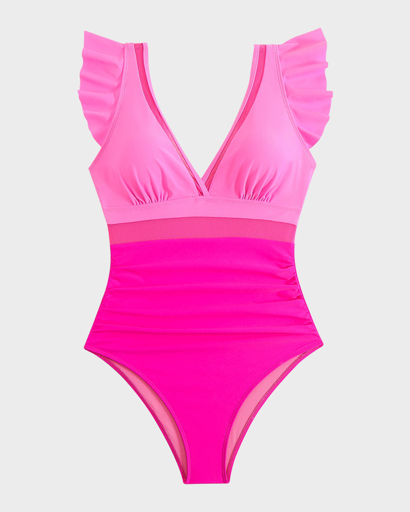 Ruffled Sleeve V-Neck Mesh Ruched Swimsuit