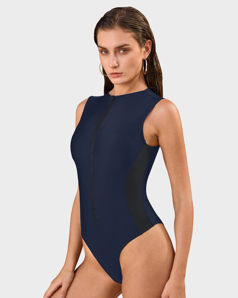 High Neck Zip-Up Sculpting Swimwear