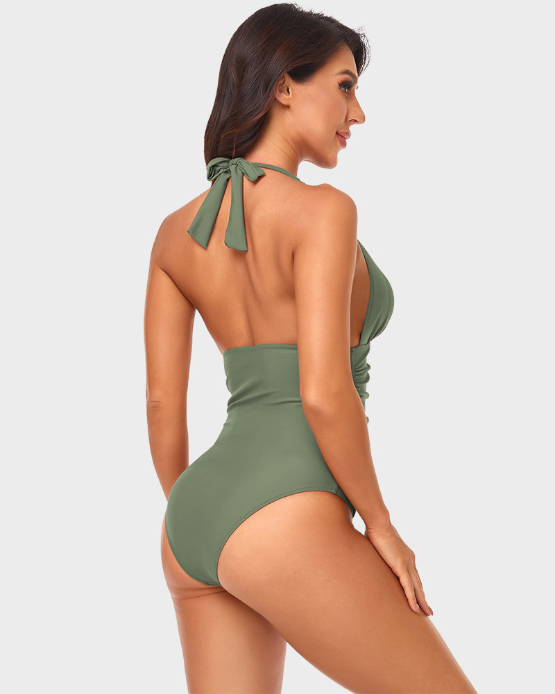 Halter Neck Deep V One-Piece Swimsuit