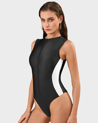 High Neck Zip-Up Sculpting Swimwear