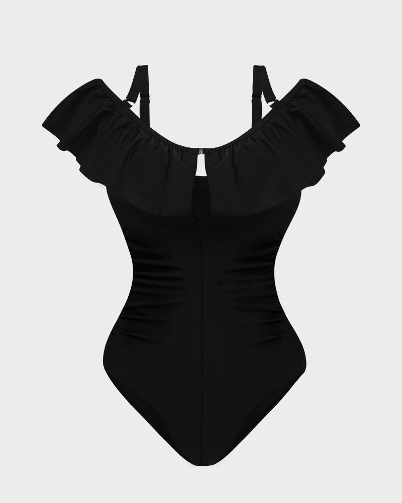Drop-Shoulder Ruffled Shapewear Swimsuit