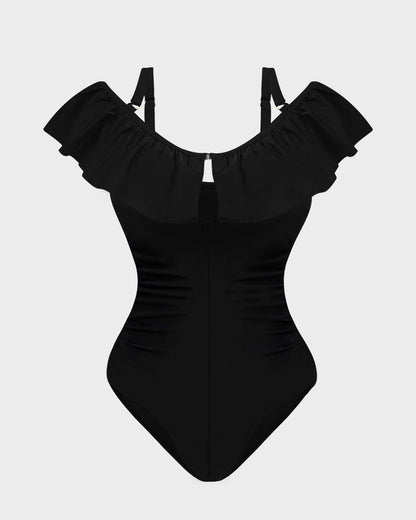 Drop-Shoulder Ruffled Shapewear Swimsuit