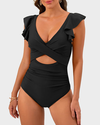 Ruffle Sleeve Cut-Out One-Piece Swimsuit