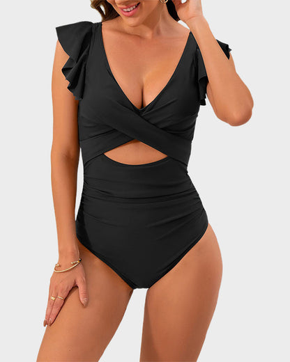 Ruffle Sleeve Cut-Out One-Piece Swimsuit
