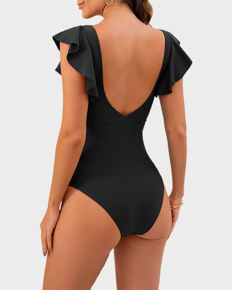 Ruffle Sleeve Cut-Out One-Piece Swimsuit