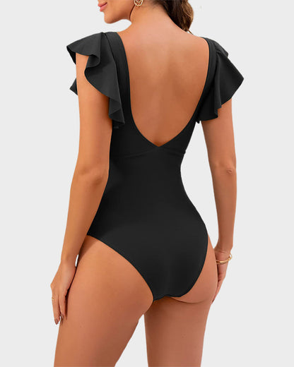 Ruffle Sleeve Cut-Out One-Piece Swimsuit