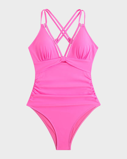 V-Neck Hollow Knot One-Piece Swimsuit