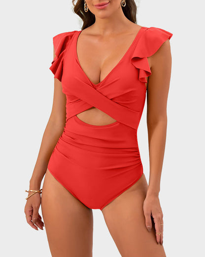 Ruffle Sleeve Cut-Out One-Piece Swimsuit