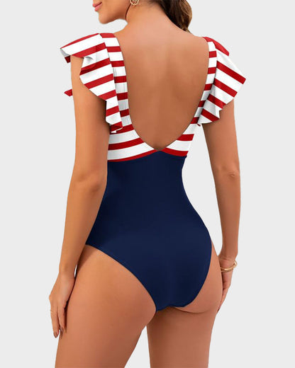 Ruffle Sleeve Cut-Out One-Piece Swimsuit