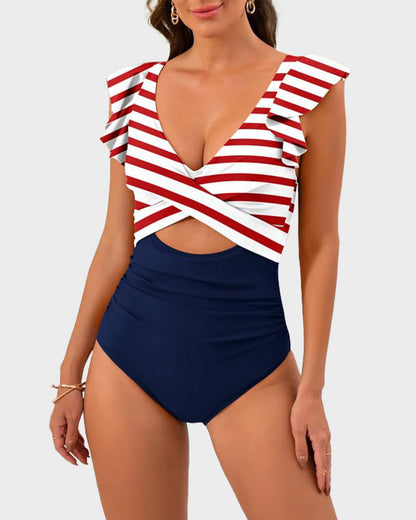 Ruffle Sleeve Cut-Out One-Piece Swimsuit