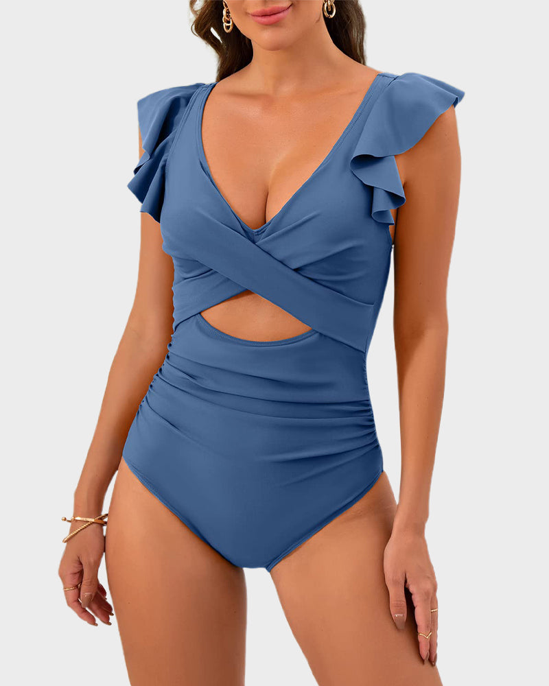 Ruffle Sleeve Cut-Out One-Piece Swimsuit