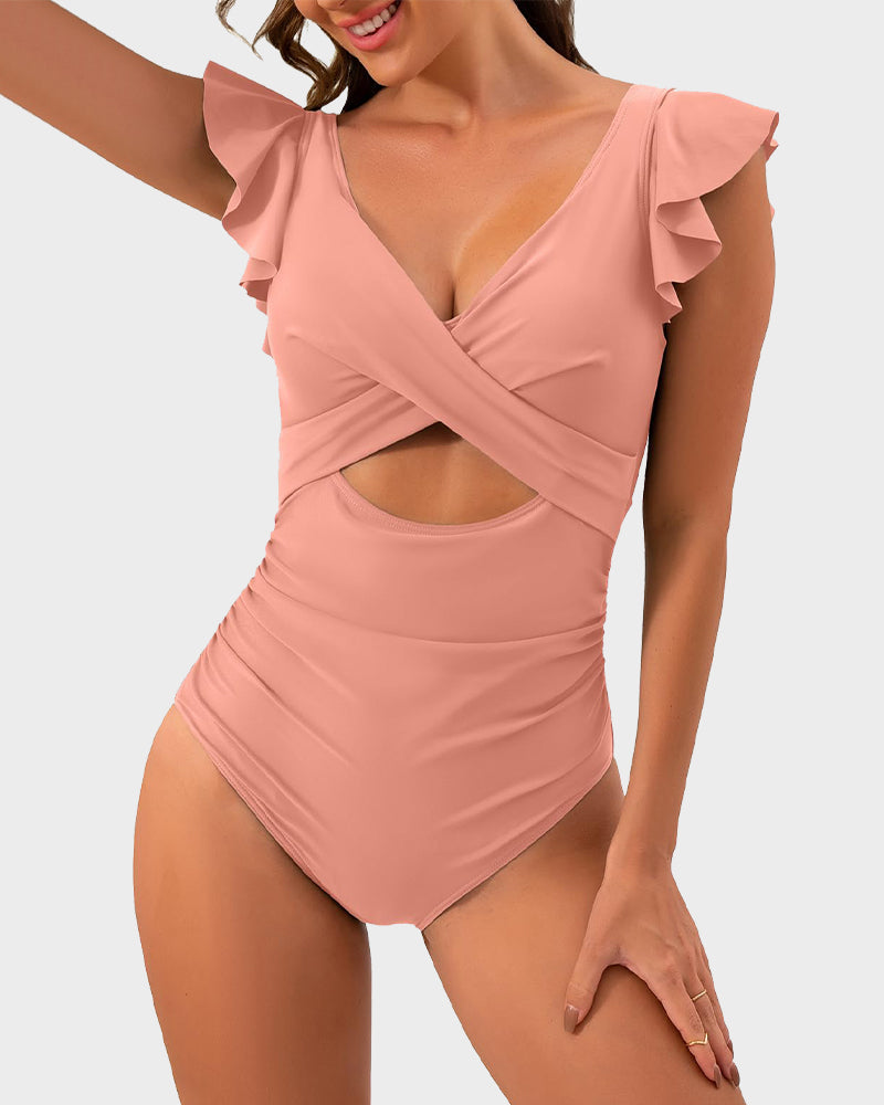 Ruffle Sleeve Cut-Out One-Piece Swimsuit