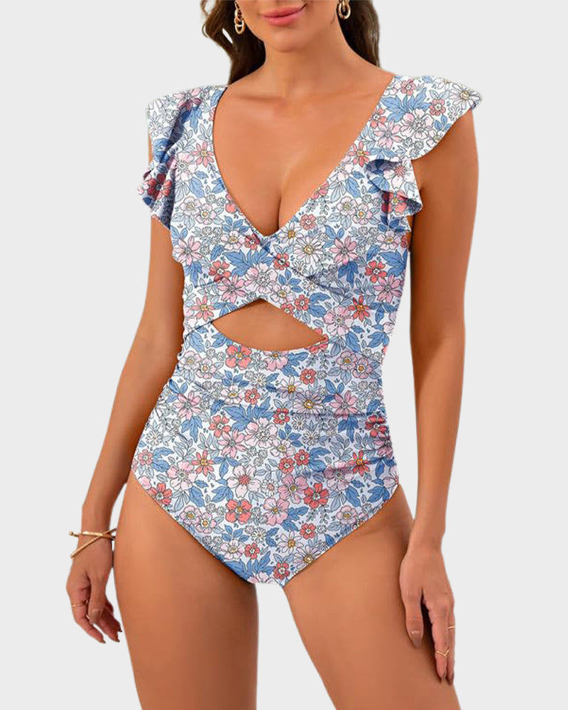 Ruffle Sleeve Cut-Out One-Piece Swimsuit