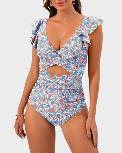 Ruffle Sleeve Cut-Out One-Piece Swimsuit
