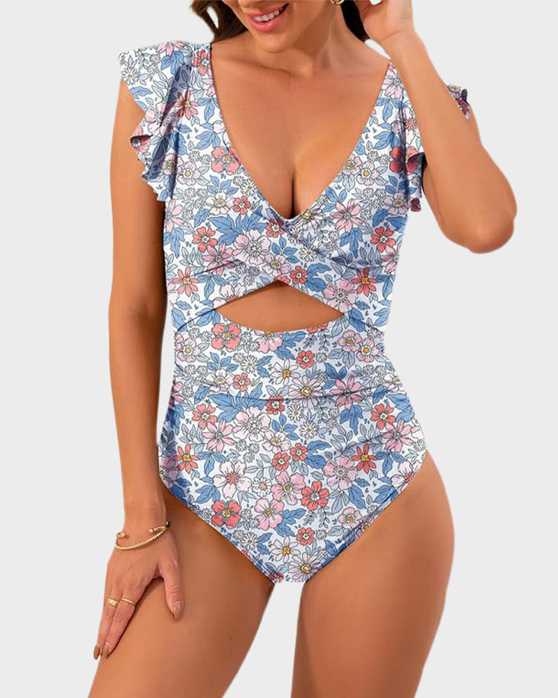 Ruffle Sleeve Cut-Out One-Piece Swimsuit