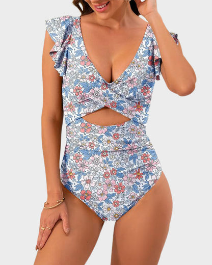 Ruffle Sleeve Cut-Out One-Piece Swimsuit