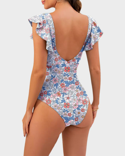 Ruffle Sleeve Cut-Out One-Piece Swimsuit